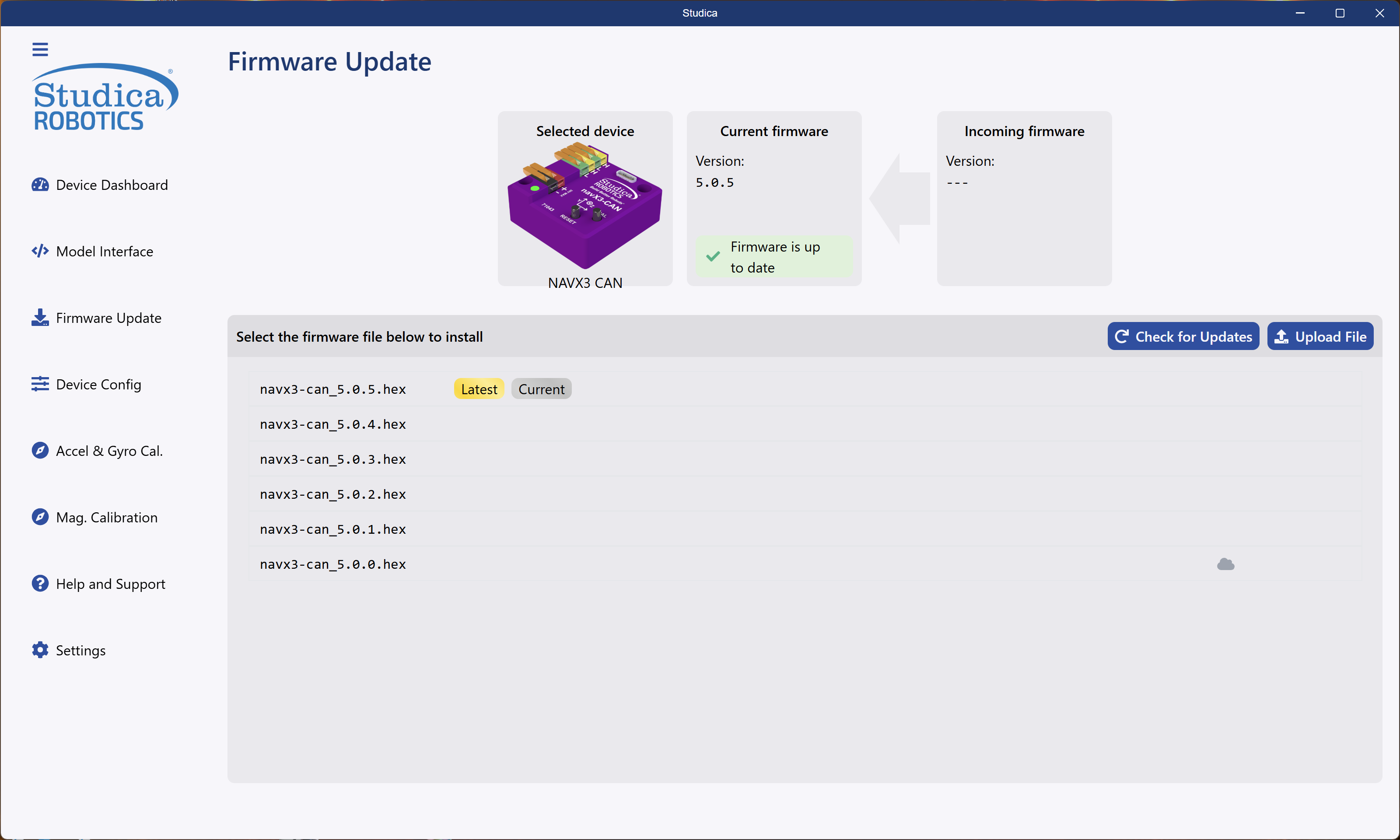 NavX3 firmware update screen